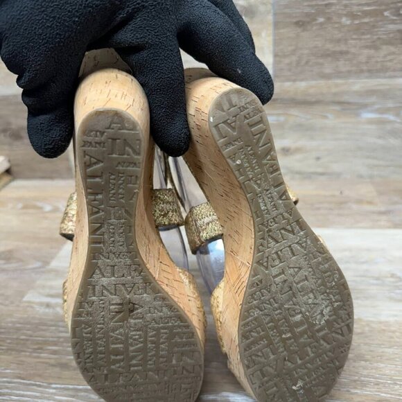 Alfani Jersey Cork Wedge Gold Reptile Pattern Strappy Sandal Women's Size 9 - Picture 4 of 6